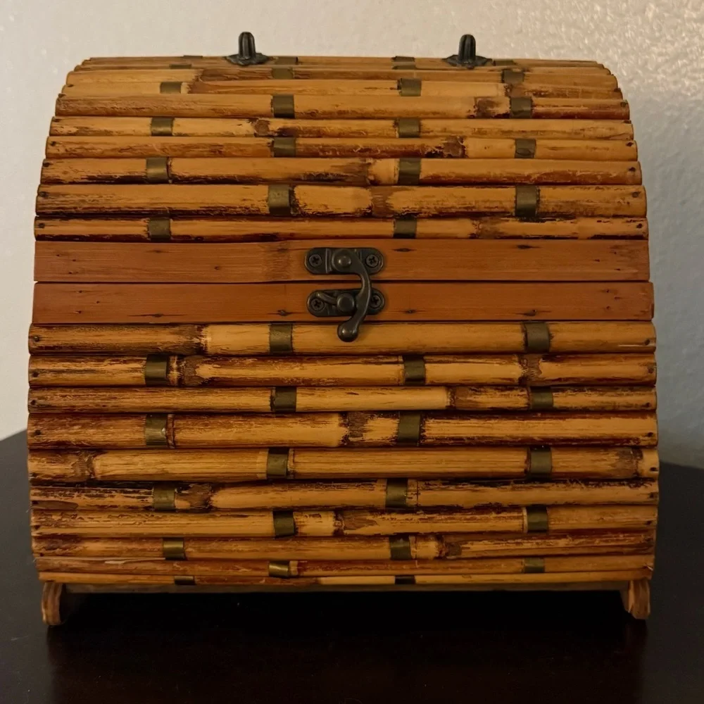 Vintage Bamboo Wooden Chest Trinket Box | Rustic Boho Storage | Rare Collectible